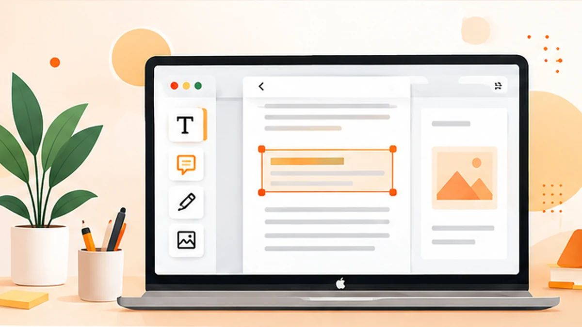 Laptop displaying a PDF document with text selection, annotation and signature editing controls in a warm white and orange workspace