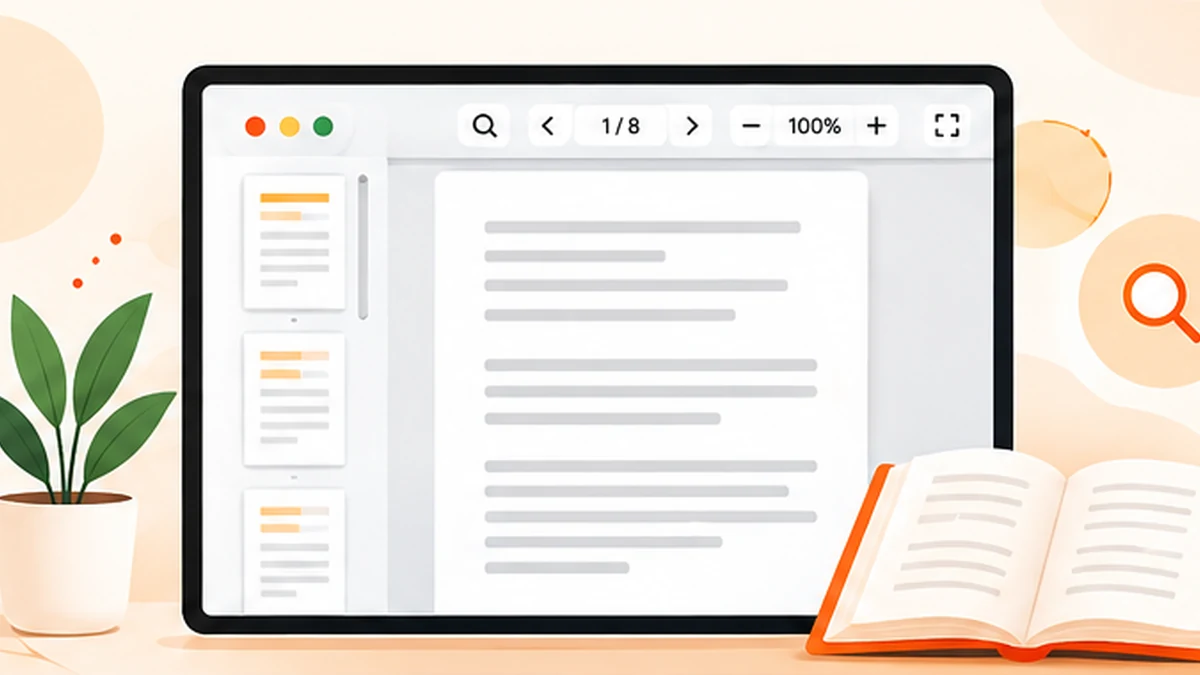 Laptop and tablet showing PDF viewer interfaces with page thumbnails, zoom and search controls in a cream and orange illustration