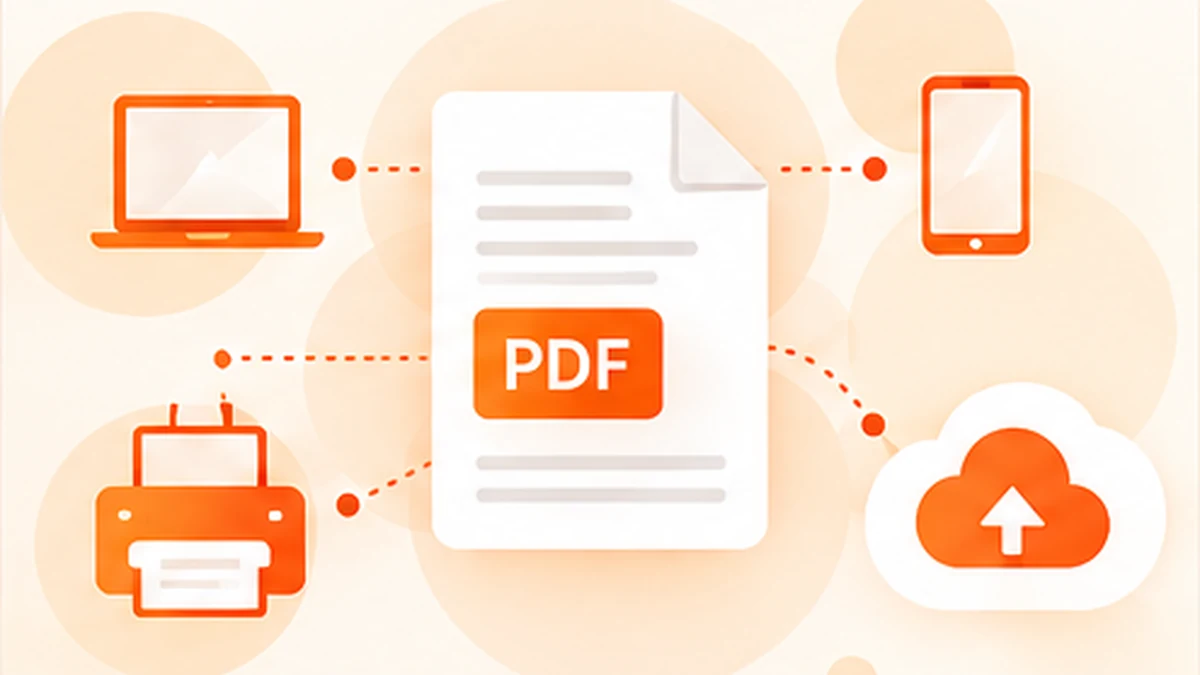 A central PDF document connected to a laptop, tablet and phone with printing, sharing, folder and security icons in a warm orange and cream illustration